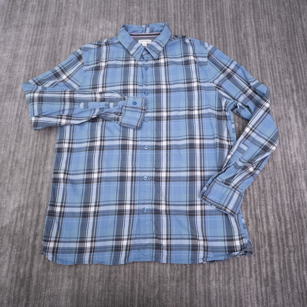 Sun + Stone Button Up Shirt Mens XL Blue Cotton Plaid Long Sleeve Pocket